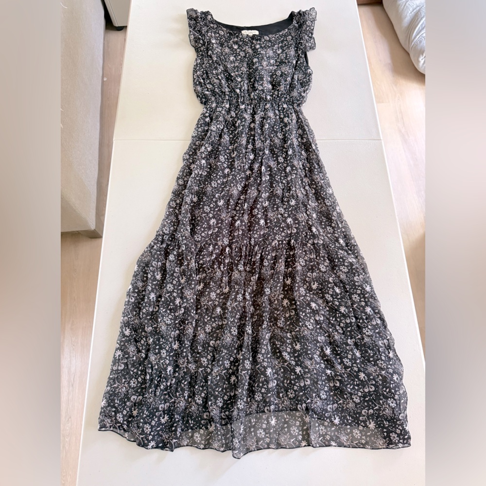 Italian Le Ragazze Silk/Viscose Blend Black Floral Maxi Ruffle Whimsical Dress